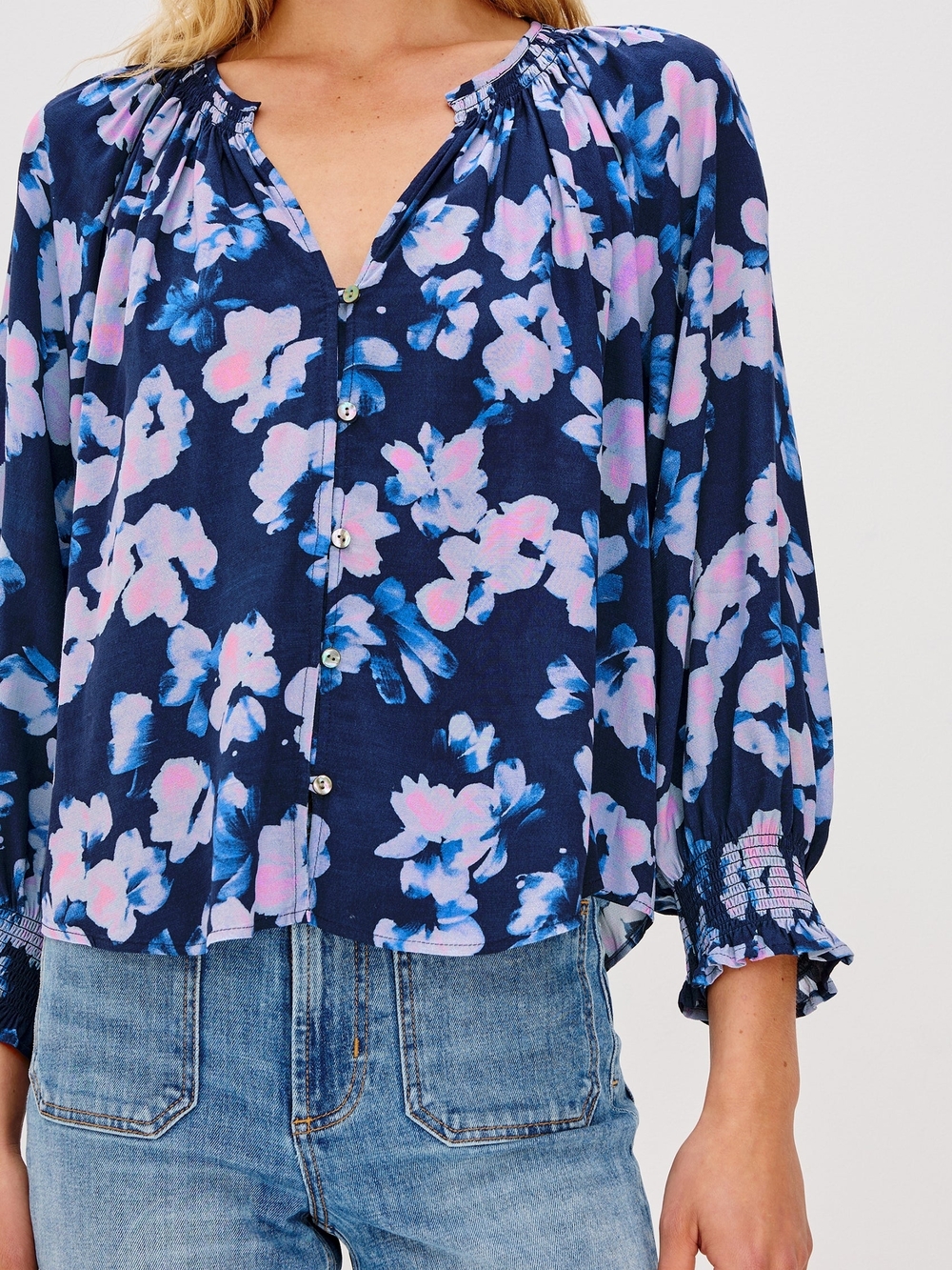Rails Navy Floral Button-Down Blouse with Pink and Blue Blooms